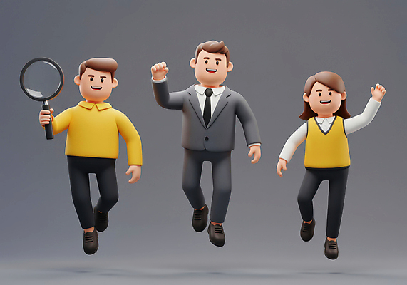 JPG 전신 편집이미지 여자 남자 돋보기 3D캐릭터 미소 들기 정장 성인 세명 손들기 점프 회색 비즈니스맨 비즈니스우먼 비즈니스캐릭터 동료 성인만 편집3D AI컴퓨터그래픽 AI콘텐츠 캐릭터 옷 컬러 비즈니스 관계 모션 표정 사람 3D 직장인 파일형식