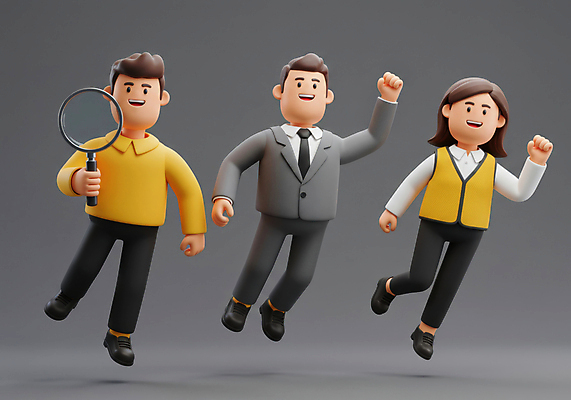 JPG 전신 편집이미지 여자 남자 돋보기 3D캐릭터 미소 들기 정장 성인 세명 손들기 점프 회색 비즈니스맨 비즈니스우먼 비즈니스캐릭터 동료 성인만 편집3D AI컴퓨터그래픽 AI콘텐츠 캐릭터 옷 컬러 비즈니스 관계 모션 표정 사람 3D 직장인 파일형식