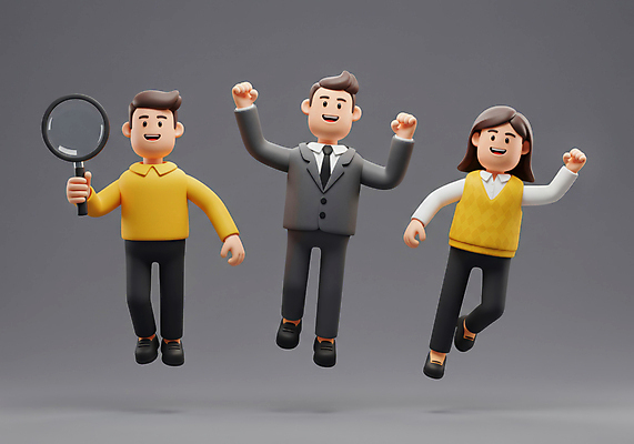 JPG 전신 편집이미지 여자 남자 돋보기 3D캐릭터 미소 들기 정장 성인 세명 손들기 점프 만세 회색 비즈니스맨 비즈니스우먼 비즈니스캐릭터 동료 성인만 편집3D AI컴퓨터그래픽 AI콘텐츠 캐릭터 옷 컬러 비즈니스 관계 모션 표정 사람 3D 직장인 파일형식