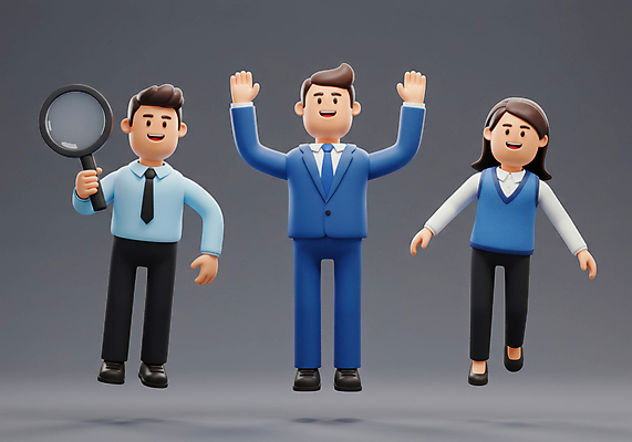 JPG 전신 편집이미지 여자 남자 돋보기 3D캐릭터 미소 들기 정장 성인 세명 점프 만세 회색 비즈니스맨 비즈니스우먼 비즈니스캐릭터 동료 성인만 편집3D AI컴퓨터그래픽 AI콘텐츠 캐릭터 옷 컬러 비즈니스 관계 모션 표정 사람 3D 직장인 파일형식