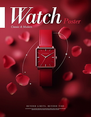 PSD 편집이미지 디자인 꽃잎 포스터 사람없음 빨간색 반짝임 장미 클래식 손목시계 모던 레이아웃 세련 이미지편집 꽃 시계 컬러 컨셉 장신구 모션 파일형식