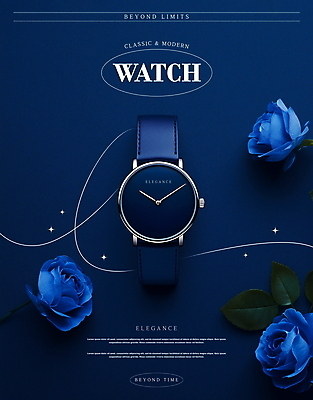PSD 편집이미지 디자인 포스터 잎 사람없음 파란색 반짝임 장미 클래식 손목시계 모던 레이아웃 세련 이미지편집 식물 꽃 시계 컬러 컨셉 장신구 모션 파일형식