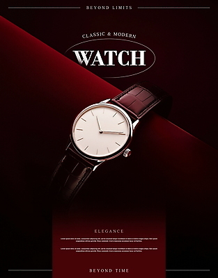 PSD 편집이미지 디자인 포스터 사람없음 클래식 손목시계 모던 레이아웃 버건디 세련 이미지편집 시계 컨셉 장신구 빨간색 파일형식