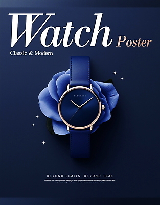 PSD 편집이미지 디자인 꽃 포스터 사람없음 파란색 반짝임 클래식 손목시계 모던 레이아웃 세련 이미지편집 식물 시계 컬러 컨셉 장신구 모션 파일형식