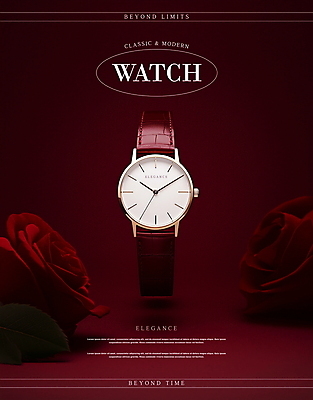 PSD 편집이미지 디자인 포스터 사람없음 장미 클래식 손목시계 모던 레이아웃 버건디 세련 이미지편집 꽃 시계 컨셉 장신구 빨간색 파일형식