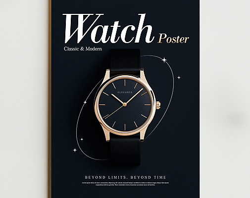 PSD 편집이미지 디자인 포스터 사람없음 반짝임 검은색 클래식 손목시계 모던 레이아웃 세련 이미지편집 시계 컬러 컨셉 장신구 모션 파일형식