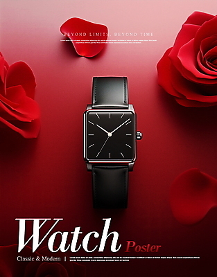 PSD 편집이미지 디자인 꽃잎 포스터 사람없음 빨간색 장미 클래식 손목시계 모던 레이아웃 세련 이미지편집 꽃 시계 컬러 컨셉 장신구 파일형식