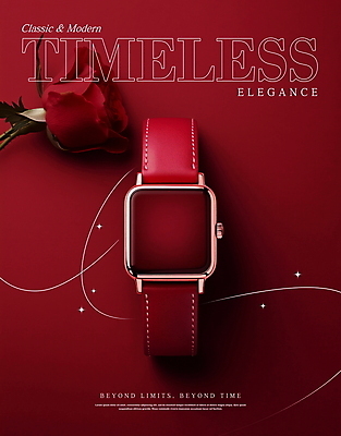 PSD 편집이미지 디자인 포스터 잎 사람없음 빨간색 반짝임 장미 클래식 손목시계 모던 레이아웃 세련 이미지편집 식물 꽃 시계 컬러 컨셉 장신구 모션 파일형식