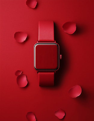 JPG 편집이미지 디자인 꽃잎 사람없음 빨간색 장미 고급 손목시계 스마트워치 세련 편집실사 AI포토 AI콘텐츠 꽃 시계 컬러 컨셉 장신구 스마트기기 CG 웨어러블 파일형식