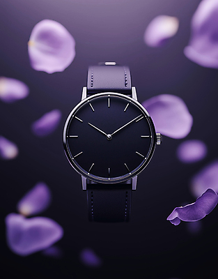 JPG 편집이미지 디자인 꽃잎 사람없음 보라색 고급 손목시계 세련 편집실사 AI포토 AI콘텐츠 꽃 시계 컬러 컨셉 장신구 CG 파일형식