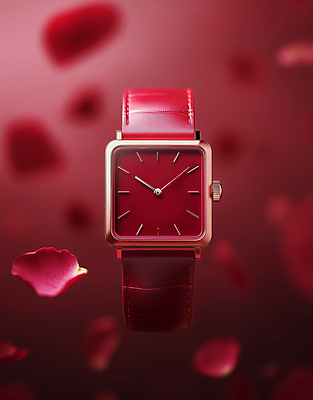 JPG 편집이미지 디자인 꽃잎 사람없음 빨간색 장미 고급 손목시계 세련 흩날리기 편집실사 AI포토 AI콘텐츠 꽃 시계 컬러 컨셉 장신구 모션 CG 파일형식