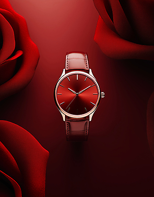 JPG 편집이미지 디자인 사람없음 빨간색 장미 고급 손목시계 세련 편집실사 AI포토 AI콘텐츠 꽃 시계 컬러 컨셉 장신구 CG 파일형식