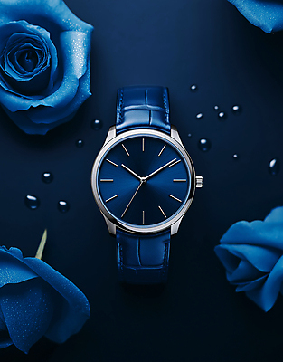 JPG 편집이미지 디자인 사람없음 파란색 장미 고급 손목시계 세련 편집실사 AI포토 AI콘텐츠 꽃 시계 컬러 컨셉 장신구 CG 파일형식