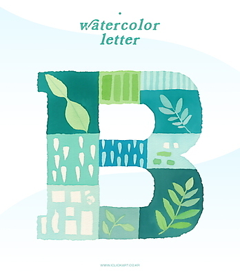 PSD 패턴 일러스트 수채화 타이포그라피 사람없음 풀잎 B 청록색 국내일러스트 문자 알파벳 컬러 잎 무늬 풀_식물 파일형식