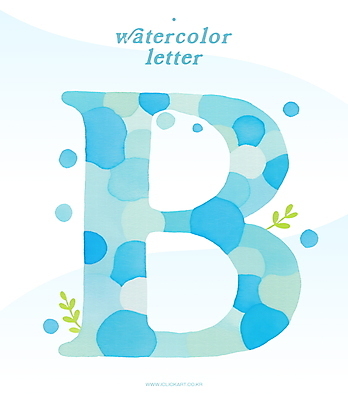 PSD 하늘색 잎 일러스트 수채화 타이포그라피 사람없음 원형 B 겹침 국내일러스트 도형 식물 문자 알파벳 파란색 파일형식