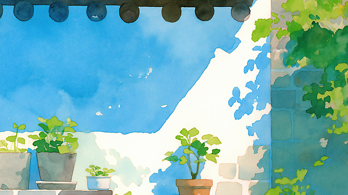 JPG 화분 벽 하늘색 일러스트 수채화 그림자 사람없음 풀잎 기와지붕 국내일러스트 AI일러스트 AI콘텐츠 잎 지붕 기와 파란색 풀_식물 파일형식