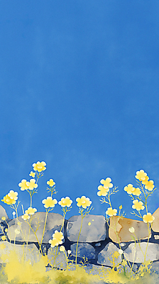 JPG 일러스트 하늘 수채화 돌담 사람없음 파란색 들꽃 풀잎 국내일러스트 AI일러스트 AI콘텐츠 꽃 컬러 잎 담장 돌_바위 풀_식물 파일형식