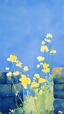 JPG 일러스트 하늘 수채화 돌담 사람없음 파란색 들꽃 풀잎 국내일러스트 AI일러스트 AI콘텐츠 꽃 컬러 잎 담장 돌_바위 풀_식물 파일형식