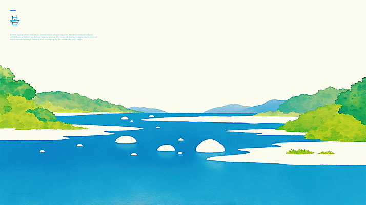 PSD 일러스트 사람없음 파란색 봄풍경 돌_바위 연못 풀 수면 싱그러움 국내일러스트 식물 컬러 풍경 물 봄 파일형식