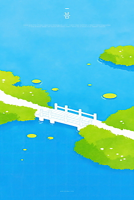 PSD 길 일러스트 사람없음 파란색 봄풍경 연못 수면 연잎 물이끼 싱그러움 가교 국내일러스트 건축물 컬러 잎 풍경 물 봄 파일형식