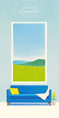 PSD 화분 하늘색 쿠션 일러스트 창문 하늘 실내 풍경 초원 사람없음 파란색 소파 국내일러스트 컬러 의자 내부 파일형식