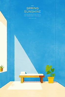 PSD 화분 일러스트 실내 풍경 사람없음 파란색 햇빛 나무의자 창틀 국내일러스트 컬러 의자 창문 내부 목재 태양 파일형식