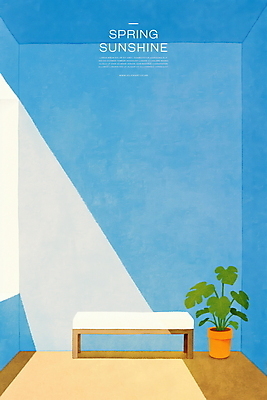 PSD 화분 하늘색 일러스트 실내 풍경 사람없음 파란색 햇빛 나무의자 국내일러스트 컬러 의자 내부 목재 태양 파일형식