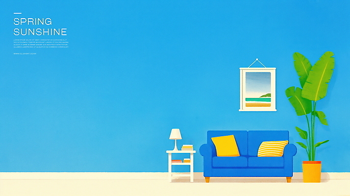 PSD 하늘색 액자 쿠션 일러스트 선반 실내 풍경 사람없음 파란색 소파 국내일러스트 컬러 가구 의자 내부 파일형식