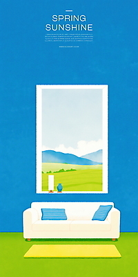 PSD 쿠션 일러스트 창문 하늘 조명 산 실내 풍경 사람없음 파란색 소파 카펫 국내일러스트 컬러 의자 내부 파일형식