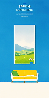 PSD 화분 쿠션 일러스트 하늘 산 실내 풍경 초원 사람없음 파란색 소파 국내일러스트 컬러 의자 내부 파일형식