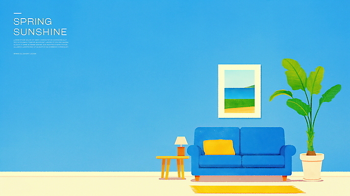 PSD 화분 하늘색 액자 쿠션 일러스트 탁자 조명 실내 풍경 사람없음 파란색 소파 카펫 국내일러스트 컬러 가구 의자 내부 파일형식