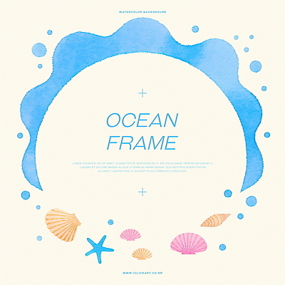 PSD 바다 하늘색 곡선 일러스트 조개 수채화 불가사리 사람없음 웨이브 원형프레임 카피스페이스 국내일러스트 선 어패류 극피동물 프레임 파란색 공백 원형 파일형식