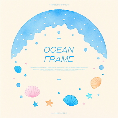 PSD 바다 하늘색 곡선 일러스트 조개 수채화 불가사리 사람없음 장식 웨이브 원형프레임 카피스페이스 국내일러스트 선 어패류 극피동물 프레임 파란색 공백 원형 파일형식