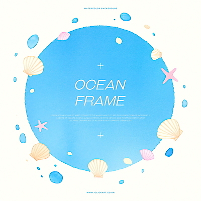 PSD 바다 하늘색 일러스트 조개 수채화 불가사리 사람없음 원형프레임 카피스페이스 국내일러스트 어패류 극피동물 프레임 파란색 공백 원형 파일형식