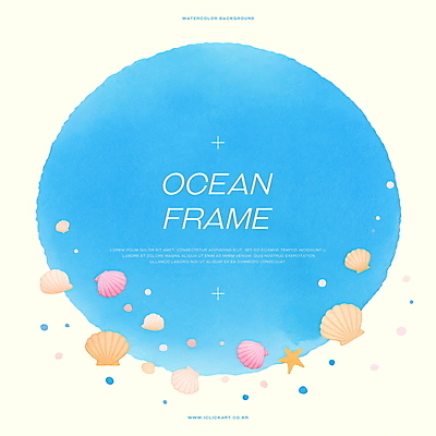 PSD 바다 하늘색 일러스트 조개 수채화 불가사리 사람없음 원형프레임 카피스페이스 국내일러스트 어패류 극피동물 프레임 파란색 공백 원형 파일형식