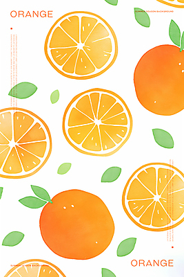 PSD 백그라운드 잎 패턴 오렌지 일러스트 단면 수채화 사람없음 주황색 국내일러스트 식물 컬러 무늬 과일 파일형식