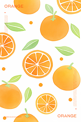 PSD 백그라운드 잎 패턴 오렌지 일러스트 단면 수채화 사람없음 주황색 국내일러스트 식물 컬러 무늬 과일 파일형식