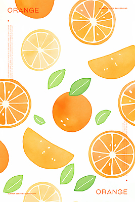 PSD 백그라운드 잎 패턴 오렌지 일러스트 단면 수채화 사람없음 주황색 국내일러스트 식물 컬러 무늬 과일 파일형식