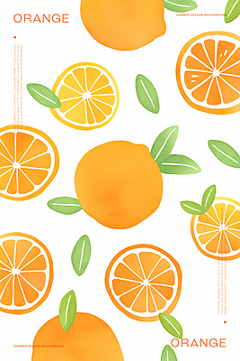 PSD 백그라운드 잎 패턴 오렌지 일러스트 단면 수채화 사람없음 주황색 국내일러스트 식물 컬러 무늬 과일 파일형식