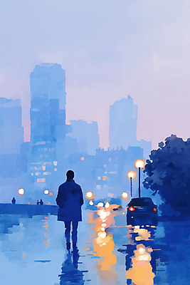 JPG 전신 남자 실루엣 야경 가로등 일러스트 자동차 하늘 수채화 한명 빌딩 성인 뒷모습 파란색 걷기 고요 도심 저녁 보케 감성 성인남자한명만 국내일러스트 AI일러스트 AI콘텐츠 1 공공시설 육상교통 뷰포인트 컬러 컨셉 모션 촬영기법 사람 건물 도시 야간 남자한명만 성인남자만 파일형식 풍경_경치
