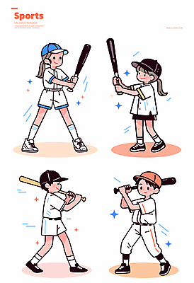 전신 여자 남자 어린이 스포츠 일러스트 미소 들기 소녀 소년 여러명 반짝임 야구방망이 스윙 스포츠캐릭터 야구복 캡모자 어린이만 일러캐릭터 AI파일 캐릭터 모자_잡화 포즈 다수 모션 표정 사람 운동복 야구 야구용품 파일형식 벡터