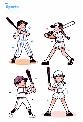 전신 여자 남자 어린이 스포츠 일러스트 미소 들기 소녀 소년 여러명 반짝임 야구방망이 스윙 스포츠캐릭터 야구복 캡모자 어린이만 일러캐릭터 AI파일 캐릭터 모자_잡화 포즈 다수 모션 표정 사람 운동복 야구 야구용품 파일형식 벡터