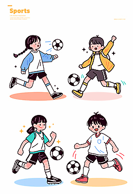 전신 여자 남자 어린이 스포츠 일러스트 축구공 미소 소녀 소년 여러명 반짝임 달리기 킥 스포츠캐릭터 축구복 축구화 어린이만 일러캐릭터 AI파일 캐릭터 다수 운동화 공 축구용품 모션 표정 사람 운동복 축구 파일형식 벡터