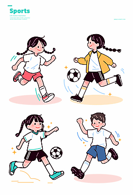 전신 여자 남자 어린이 스포츠 일러스트 축구공 미소 소녀 소년 여러명 반짝임 달리기 킥 스포츠캐릭터 축구복 축구화 어린이만 일러캐릭터 AI파일 캐릭터 다수 운동화 공 축구용품 모션 표정 사람 운동복 축구 파일형식 벡터