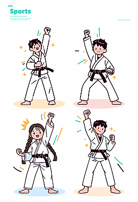 전신 여자 남자 어린이 스포츠 일러스트 미소 소녀 소년 여러명 반짝임 파이팅 태권도 스포츠캐릭터 태권도복 검은띠 어린이만 일러캐릭터 AI파일 캐릭터 스포츠용품 다수 모션 표정 도복 사람 격투기 끈 파일형식 벡터