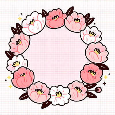 분홍색 잎 일러스트 사람없음 꽃봉오리 격자 원형프레임 꽃프레임 작약 카피스페이스 국내일러스트 AI파일 식물 꽃 컬러 무늬 프레임 공백 원형 파일형식 벡터