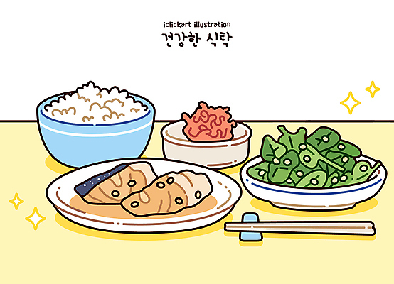 접시 일러스트 젓가락 식탁 반찬 요리 사람없음 반짝임 노란색 식사 나물 연어 밥그릇 쌀밥 수저받침대 연어스테이크 국내일러스트 AI파일 그릇 식기 음식 컬러 채소 모션 탁자 밥 수저 어류 스테이크 받침대 파일형식 벡터