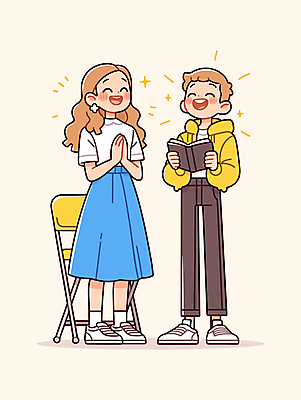 전신 여자 남자 행복 기독교 의자 일러스트 따뜻함 미소 들기 청년 두명 교회 믿음 성경 기도 즐거움 손모으기 찬양 청년만 일러캐릭터 AI파일 캐릭터 감정 종교 가구 종교용품 종교건축 모션 표정 사람 손짓 성인 건물 성인만 파일형식 벡터