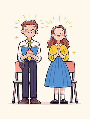 전신 여자 남자 행복 기독교 의자 일러스트 따뜻함 미소 들기 청년 두명 교회 믿음 성경 기도 즐거움 손모으기 찬양 청년만 일러캐릭터 AI파일 캐릭터 감정 종교 가구 종교용품 종교건축 모션 표정 사람 손짓 성인 건물 성인만 파일형식 벡터