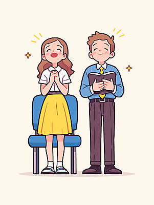 전신 여자 남자 행복 기독교 의자 일러스트 따뜻함 미소 들기 청년 두명 반짝임 교회 믿음 성경 기도 즐거움 손모으기 찬양 청년만 일러캐릭터 AI파일 캐릭터 감정 종교 가구 종교용품 종교건축 모션 표정 사람 손짓 성인 건물 성인만 파일형식 벡터